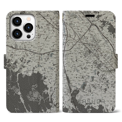 【春日（福岡県）】地図柄iPhoneケース（手帳タイプ）モノトーン・iPhone 13 Pro 用