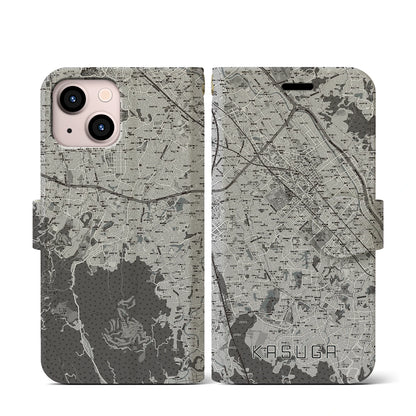 【春日（福岡県）】地図柄iPhoneケース（手帳タイプ）モノトーン・iPhone 13 mini 用