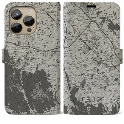 【春日（福岡県）】地図柄iPhoneケース（手帳タイプ）モノトーン・iPhone 14 Pro Max 用