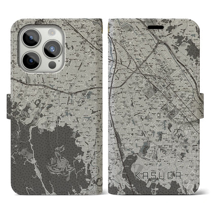 【春日（福岡県）】地図柄iPhoneケース（手帳タイプ）モノトーン・iPhone 15 Pro 用