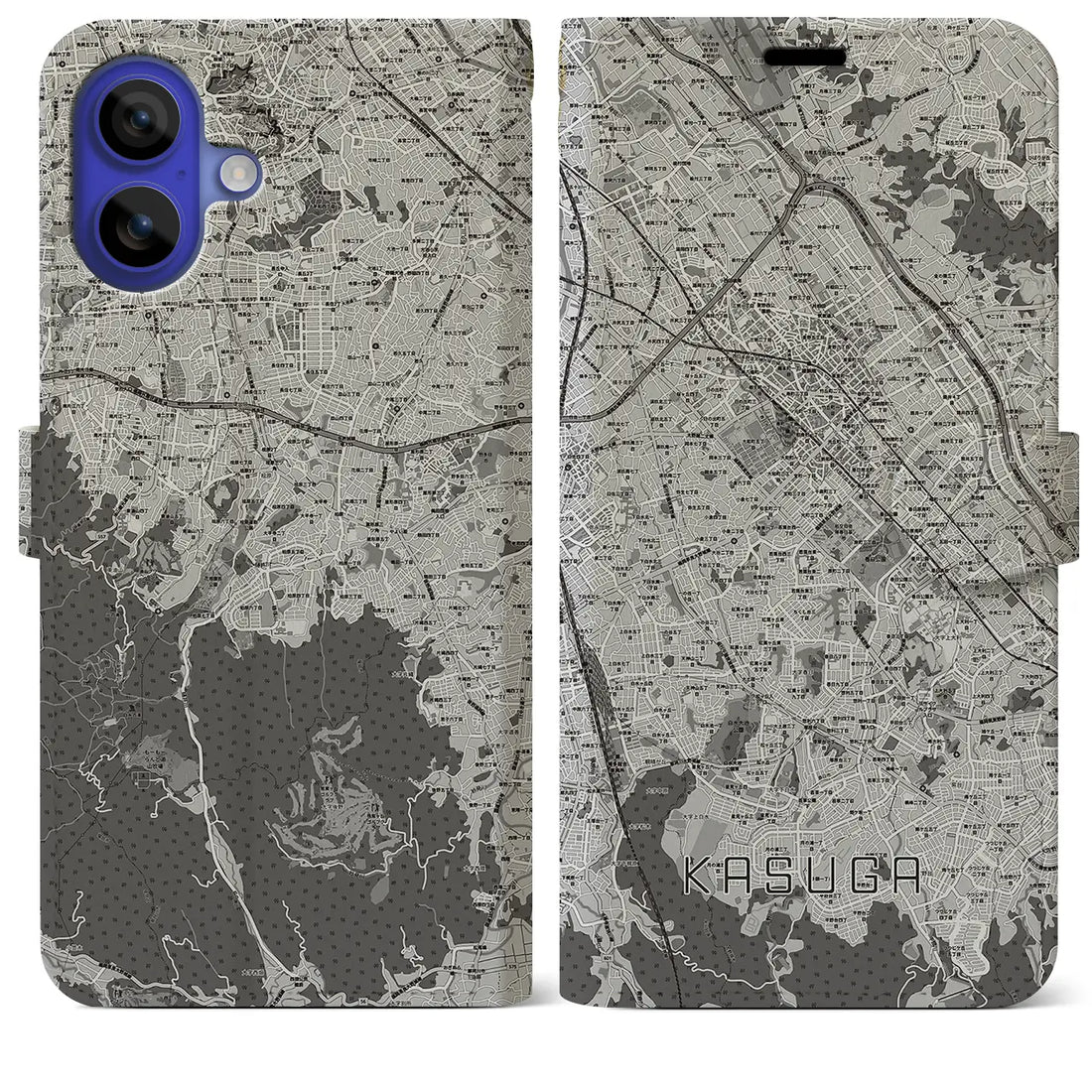 【春日(福岡県)】地図柄iPhoneケース(手帳タイプ)モノトーン・iPhone 16 Pro Max 用