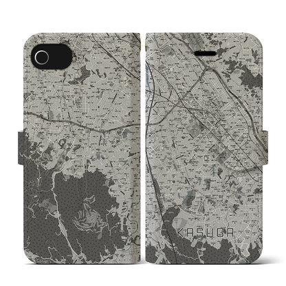 【春日（福岡県）】地図柄iPhoneケース（手帳タイプ）モノトーン・iPhone SE（第3 / 第2世代） / 8 / 7 / 6s / 6 用