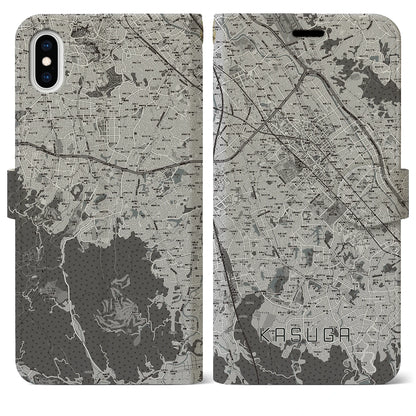 【春日（福岡県）】地図柄iPhoneケース（手帳タイプ）モノトーン・iPhone XS Max 用