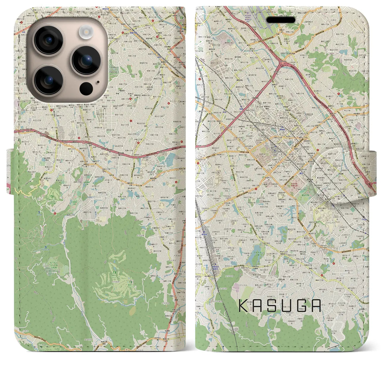 【春日（福岡県）】地図柄iPhoneケース（手帳タイプ）ナチュラル・iPhone 16 Plus 用