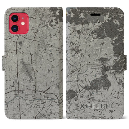 【春日井（愛知県）】地図柄iPhoneケース（手帳タイプ）モノトーン・iPhone 11 用