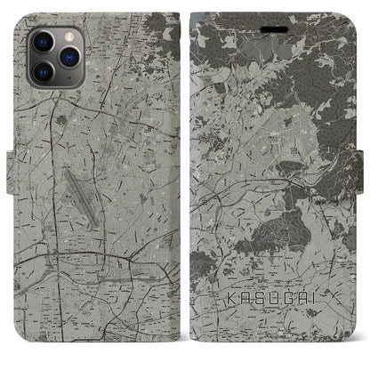 【春日井（愛知県）】地図柄iPhoneケース（手帳タイプ）モノトーン・iPhone 11 Pro Max 用
