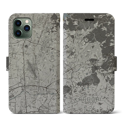 【春日井（愛知県）】地図柄iPhoneケース（手帳タイプ）モノトーン・iPhone 11 Pro 用