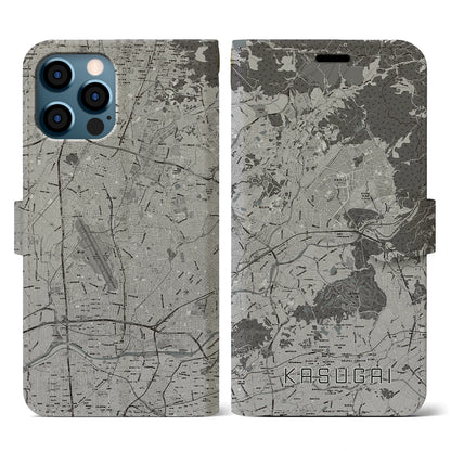 【春日井（愛知県）】地図柄iPhoneケース（手帳タイプ）モノトーン・iPhone 12 / 12 Pro 用