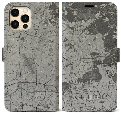 【春日井（愛知県）】地図柄iPhoneケース（手帳タイプ）モノトーン・iPhone 12 Pro Max 用