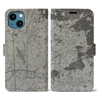 【春日井（愛知県）】地図柄iPhoneケース（手帳タイプ）モノトーン・iPhone 13 用