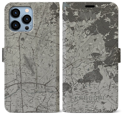 【春日井（愛知県）】地図柄iPhoneケース（手帳タイプ）モノトーン・iPhone 13 Pro Max 用