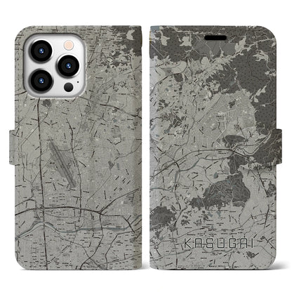 【春日井（愛知県）】地図柄iPhoneケース（手帳タイプ）モノトーン・iPhone 13 Pro 用