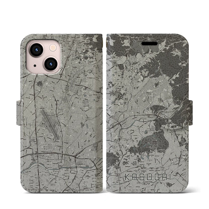 【春日井（愛知県）】地図柄iPhoneケース（手帳タイプ）モノトーン・iPhone 13 mini 用