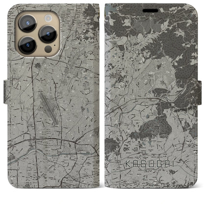 【春日井（愛知県）】地図柄iPhoneケース（手帳タイプ）モノトーン・iPhone 14 Pro Max 用