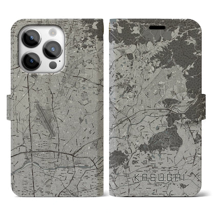 【春日井（愛知県）】地図柄iPhoneケース（手帳タイプ）モノトーン・iPhone 14 Pro 用