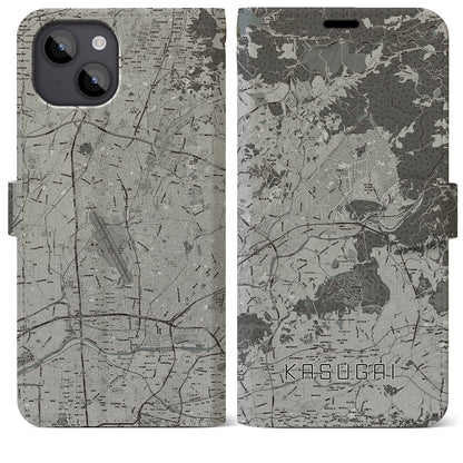 【春日井（愛知県）】地図柄iPhoneケース（手帳タイプ）モノトーン・iPhone 14 Plus 用