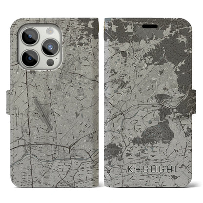 【春日井（愛知県）】地図柄iPhoneケース（手帳タイプ）モノトーン・iPhone 15 Pro 用