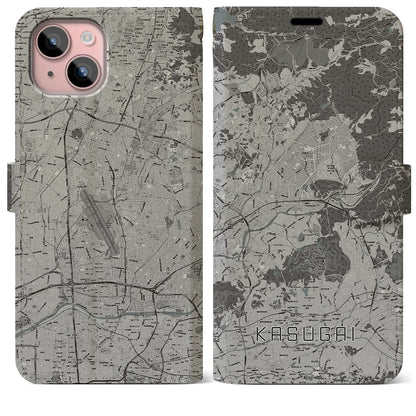 【春日井（愛知県）】地図柄iPhoneケース（手帳タイプ）モノトーン・iPhone 15 Plus 用