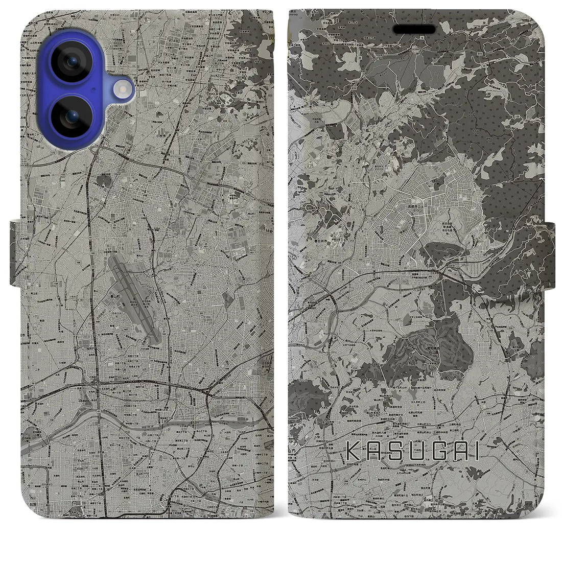 【春日井(愛知県)】地図柄iPhoneケース(手帳タイプ)モノトーン・iPhone 16 Pro Max 用