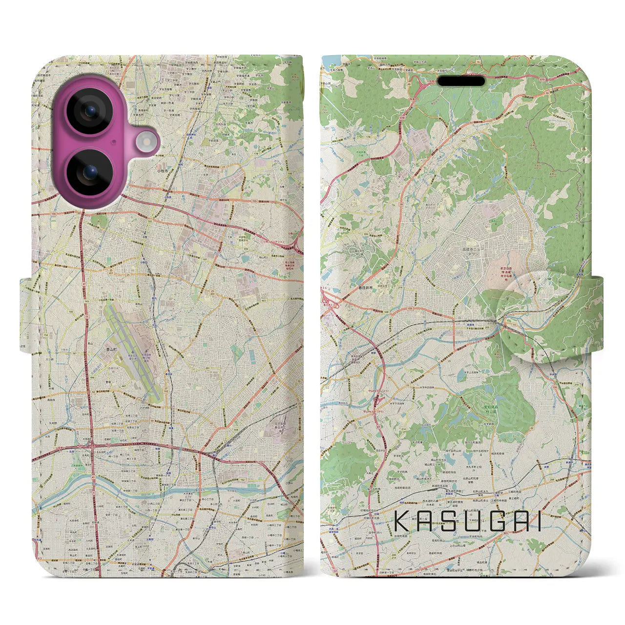 【春日井（愛知県）】地図柄iPhoneケース（手帳タイプ）ナチュラル・iPhone 16 Pro 用