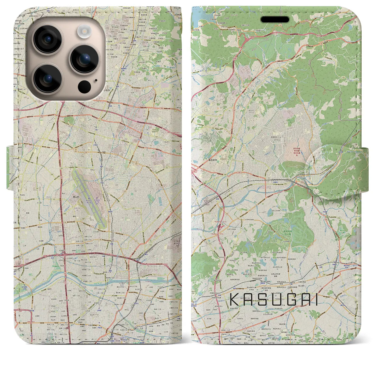 【春日井（愛知県）】地図柄iPhoneケース（手帳タイプ）ナチュラル・iPhone 16 Plus 用