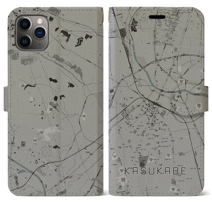 【春日部（埼玉県）】地図柄iPhoneケース（手帳タイプ）モノトーン・iPhone 11 Pro Max 用