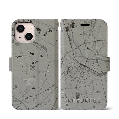 【春日部（埼玉県）】地図柄iPhoneケース（手帳タイプ）モノトーン・iPhone 13 mini 用