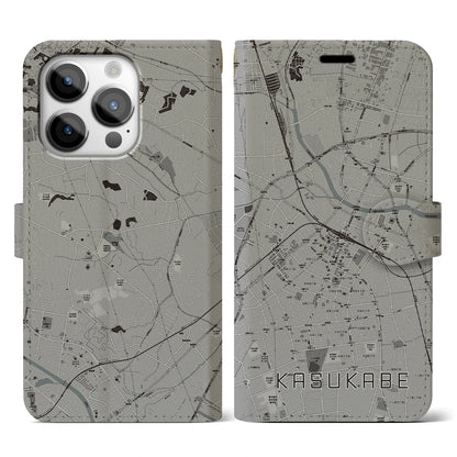 【春日部（埼玉県）】地図柄iPhoneケース（手帳タイプ）モノトーン・iPhone 14 Pro 用