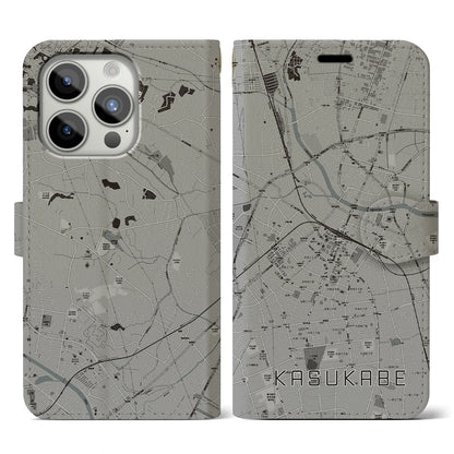 【春日部（埼玉県）】地図柄iPhoneケース（手帳タイプ）モノトーン・iPhone 15 Pro 用