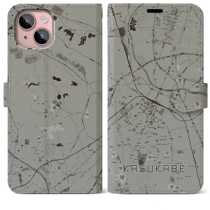 【春日部（埼玉県）】地図柄iPhoneケース（手帳タイプ）モノトーン・iPhone 15 Plus 用