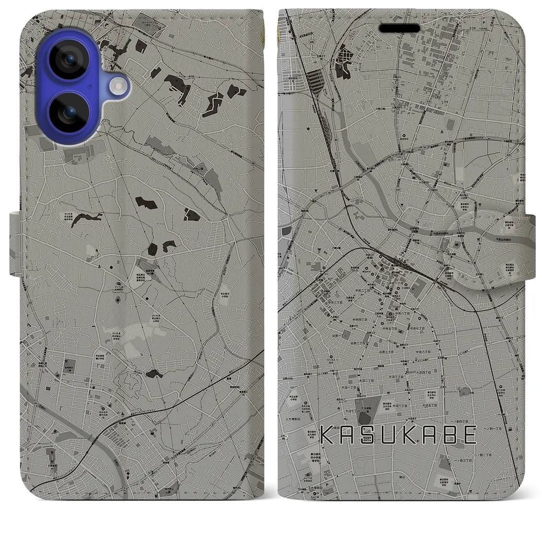 【春日部(埼玉県)】地図柄iPhoneケース(手帳タイプ)モノトーン・iPhone 16 Pro Max 用