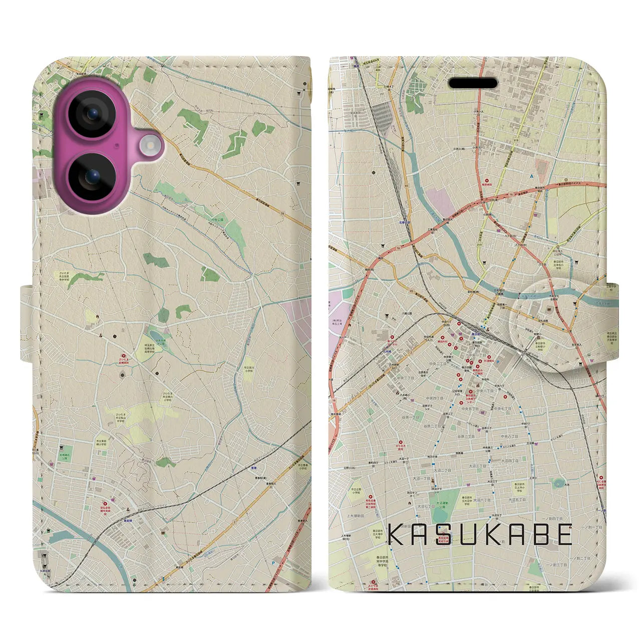 【春日部（埼玉県）】地図柄iPhoneケース（手帳タイプ）ナチュラル・iPhone 16 Pro 用