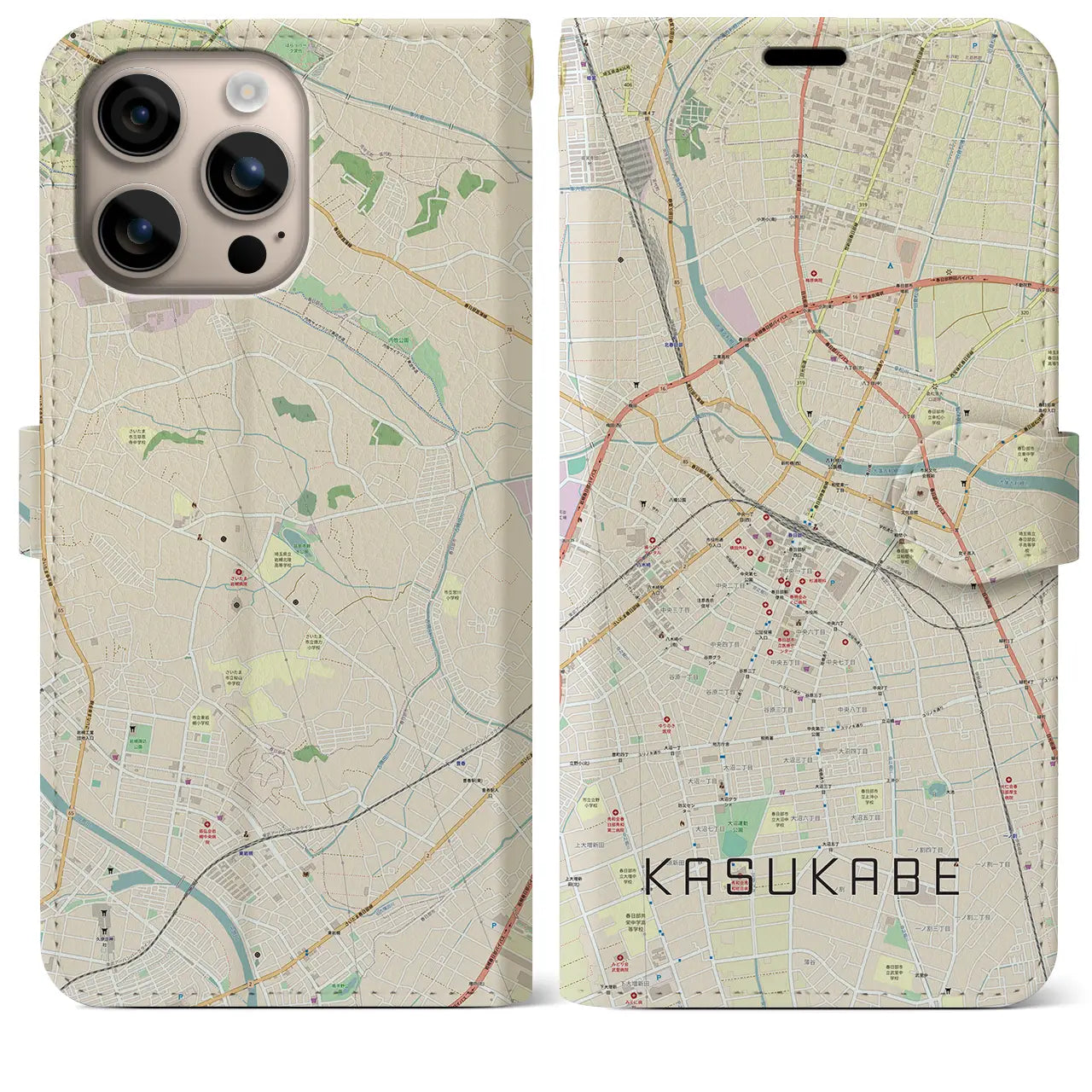 【春日部（埼玉県）】地図柄iPhoneケース（手帳タイプ）ナチュラル・iPhone 16 Plus 用