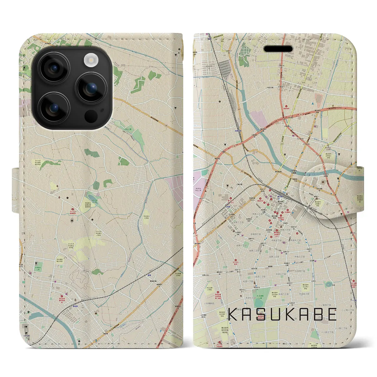 【春日部（埼玉県）】地図柄iPhoneケース（手帳タイプ）ナチュラル・iPhone 16 用