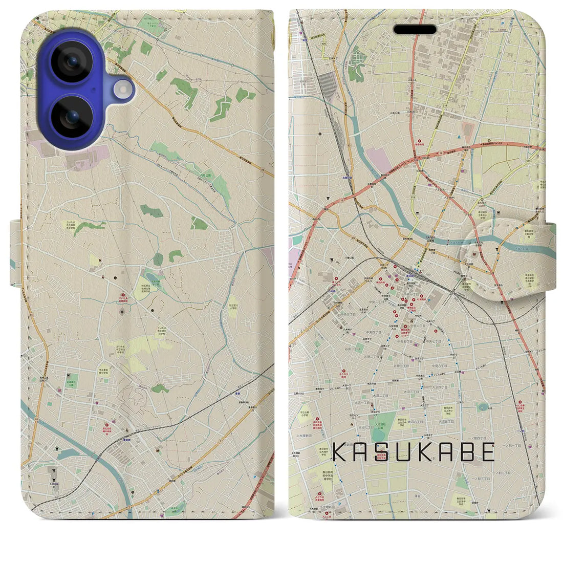 【春日部（埼玉県）】地図柄iPhoneケース（手帳タイプ）ナチュラル・iPhone 16 Pro Max 用