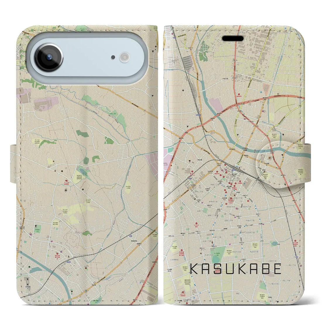 【春日部（埼玉県）】地図柄iPhoneケース（手帳タイプ）ナチュラル・iPhone 17 Pro Max 用