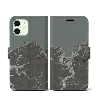 【香住（兵庫県）】地図柄iPhoneケース（手帳タイプ）モノトーン・iPhone 12 mini 用