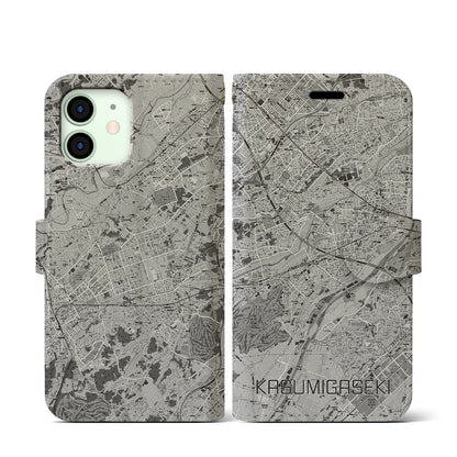 【霞ヶ関（埼玉県）】地図柄iPhoneケース（手帳タイプ）モノトーン・iPhone 12 mini 用