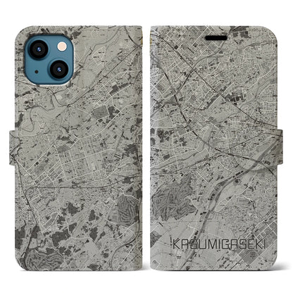 【霞ヶ関（埼玉県）】地図柄iPhoneケース（手帳タイプ）モノトーン・iPhone 13 用