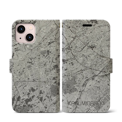 【霞ヶ関（埼玉県）】地図柄iPhoneケース（手帳タイプ）モノトーン・iPhone 13 mini 用