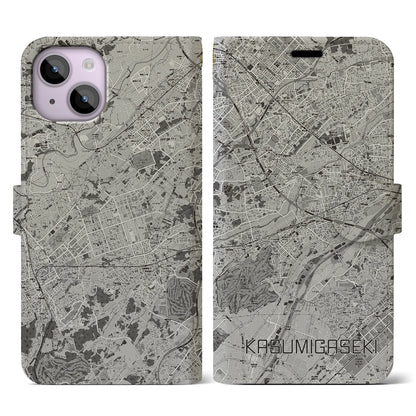 【霞ヶ関（埼玉県）】地図柄iPhoneケース（手帳タイプ）モノトーン・iPhone 14 用