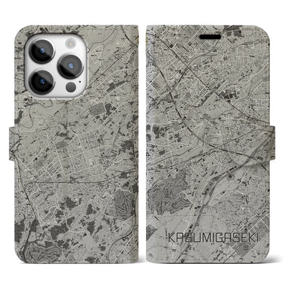 【霞ヶ関（埼玉県）】地図柄iPhoneケース（手帳タイプ）モノトーン・iPhone 14 Pro 用