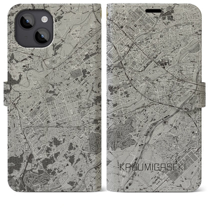 【霞ヶ関（埼玉県）】地図柄iPhoneケース（手帳タイプ）モノトーン・iPhone 14 Plus 用