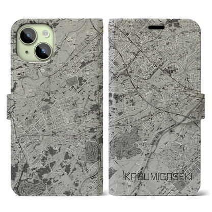 【霞ヶ関（埼玉県）】地図柄iPhoneケース（手帳タイプ）モノトーン・iPhone 15 用