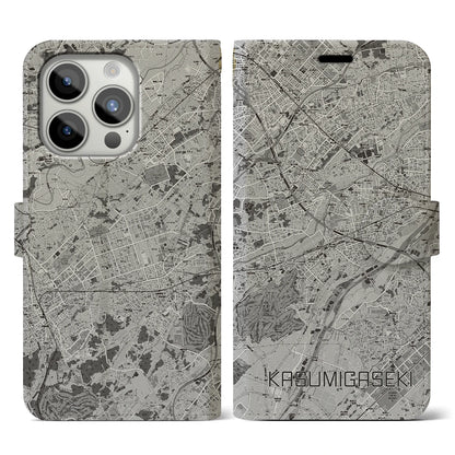 【霞ヶ関（埼玉県）】地図柄iPhoneケース（手帳タイプ）モノトーン・iPhone 15 Pro 用