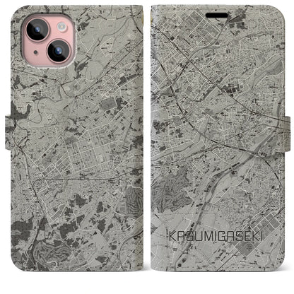 【霞ヶ関（埼玉県）】地図柄iPhoneケース（手帳タイプ）モノトーン・iPhone 15 Plus 用