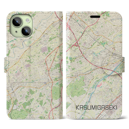 【霞ヶ関（埼玉県）】地図柄iPhoneケース（手帳タイプ）ナチュラル・iPhone 15 用