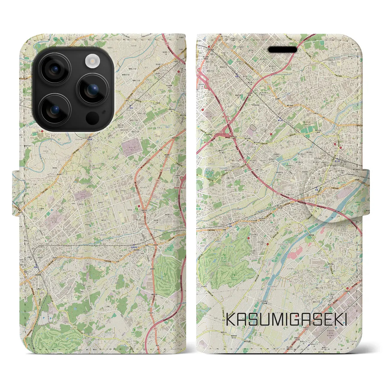 【霞ヶ関（埼玉県）】地図柄iPhoneケース（手帳タイプ）ナチュラル・iPhone 16 用