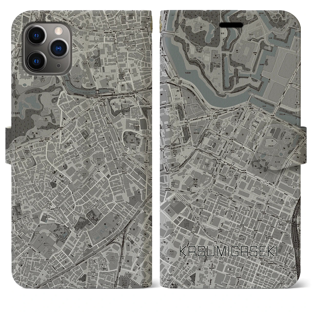 【霞ケ関】地図柄iPhoneケース（手帳両面タイプ・モノトーン）iPhone 11 Pro Max 用
