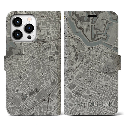 【霞ケ関（東京都）】地図柄iPhoneケース（手帳タイプ）モノトーン・iPhone 13 Pro 用